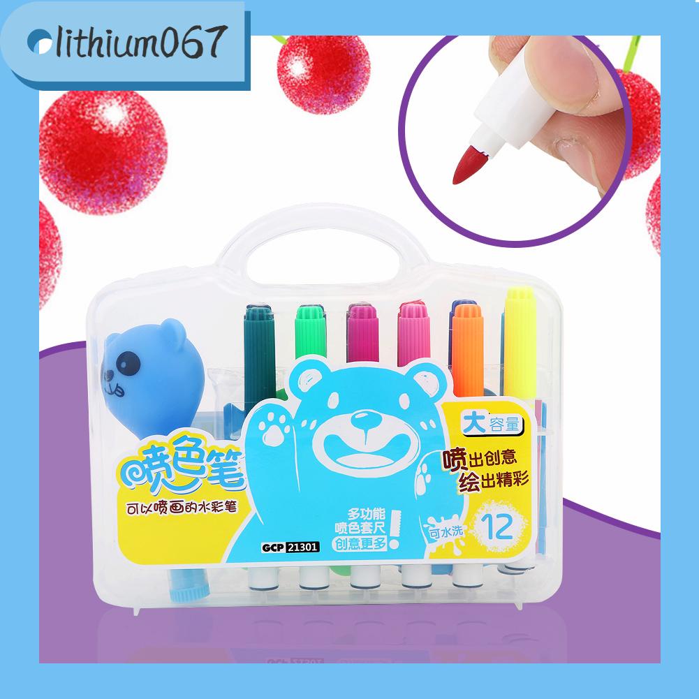 Lithium067 Phun sơn Bút có thể giặt được 12 màu Trẻ em Dụng cụ vẽ tranh Màu nước Đồ dùng nghệ thuật