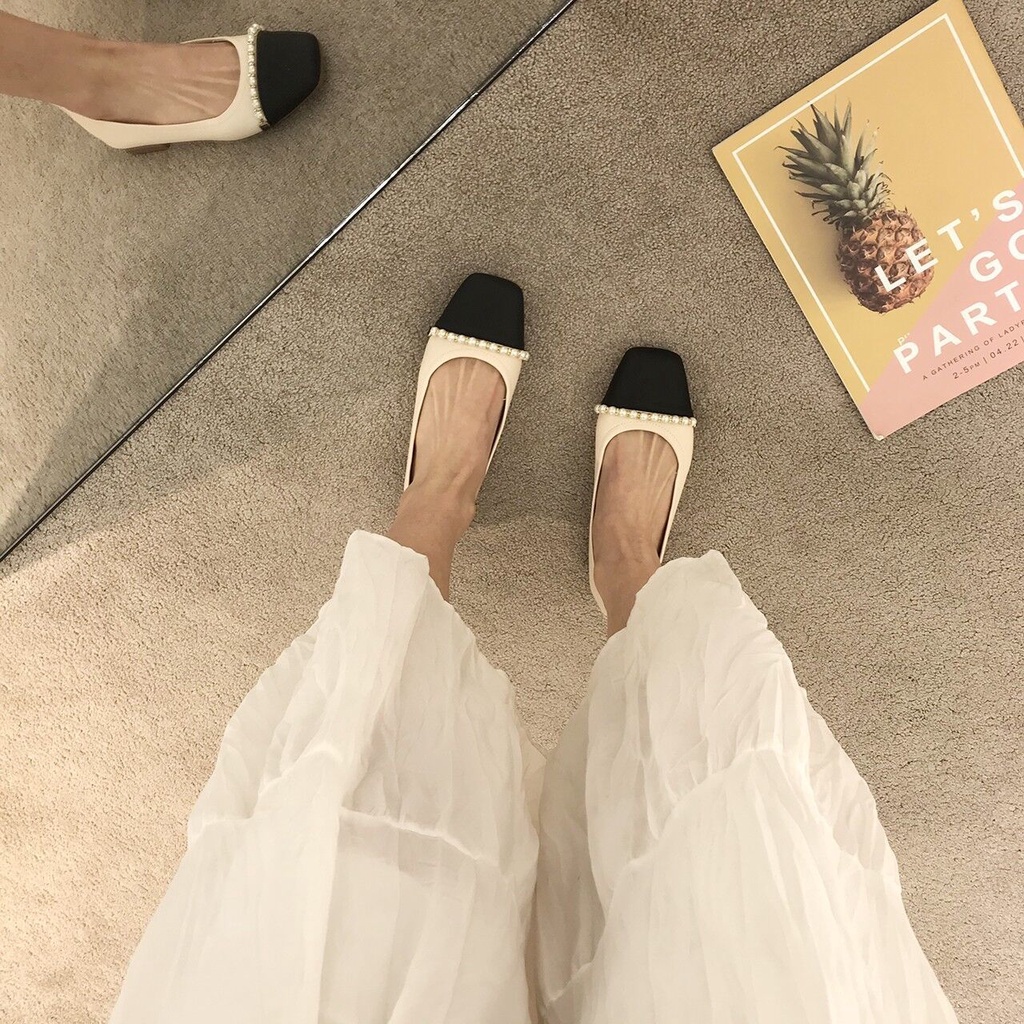 Giày Búp Bê Da Mềm Đế Bằng Mũi Vuông Đính Hạt Giả Ngọc Trai Thời Trang 2022 Xiaoxiangfeng Cho Nữ