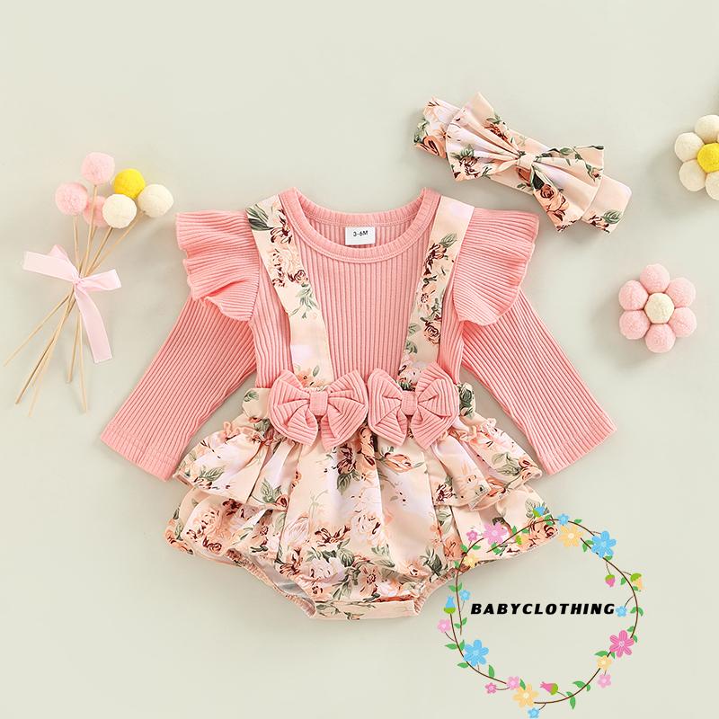 Set 2 Món Áo Thun Tay Dài & Váy Yếm In Hoa & Băng Đô Quấn Đầu Cho Bé Gái