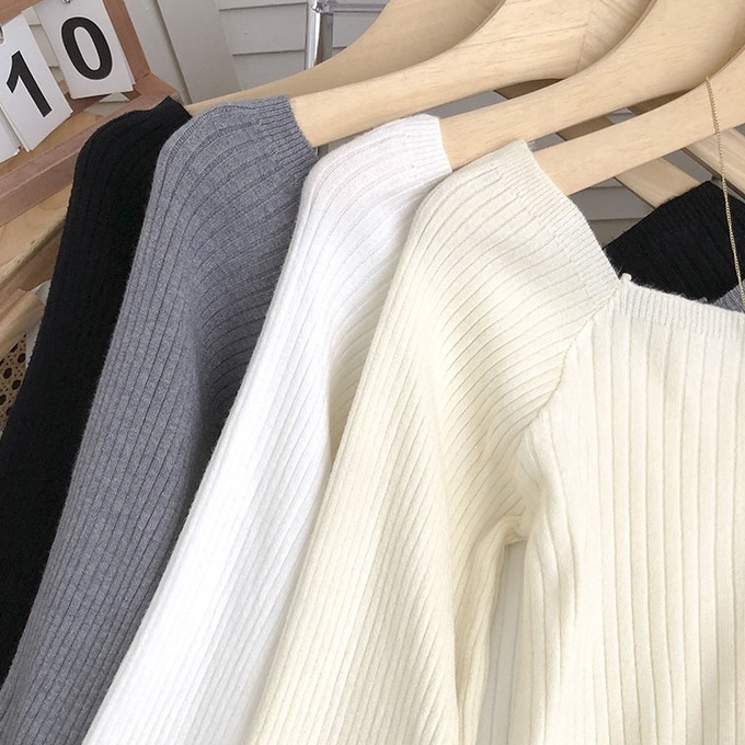 NUZIRO Áo dệt kim  tay dài cổ vuông màu đơn giản phong cách Hàn Quốc cho nữ