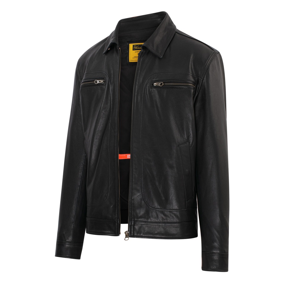 Áo khoác da nam FTT Leather Motor Jacket da dê cổ bẻ hai khóa ngực gân nổi 100% da thật