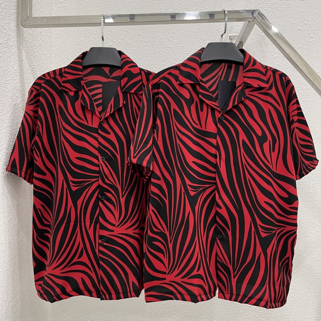 Áo sơ mi tay ngắn hoạ tiết vắn đỏ vải lụa mango áo cuban shirt ngắn tay cổ vest mùa hè