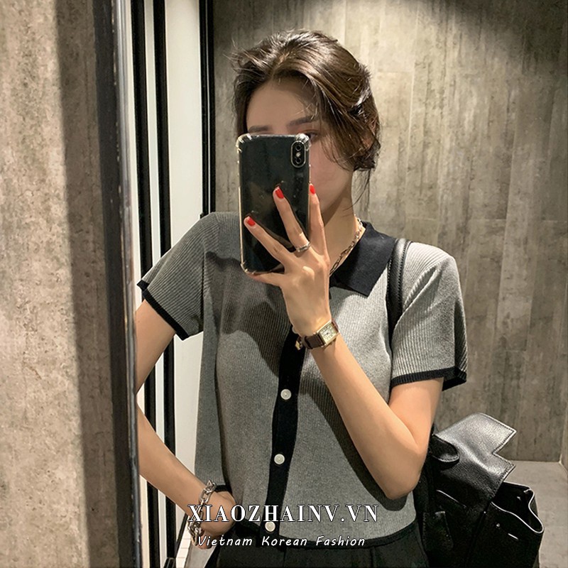 Xiaozhainv Áo lửng dệt kim ngắn tay đơn giản thời trang mùa hè cho nữ