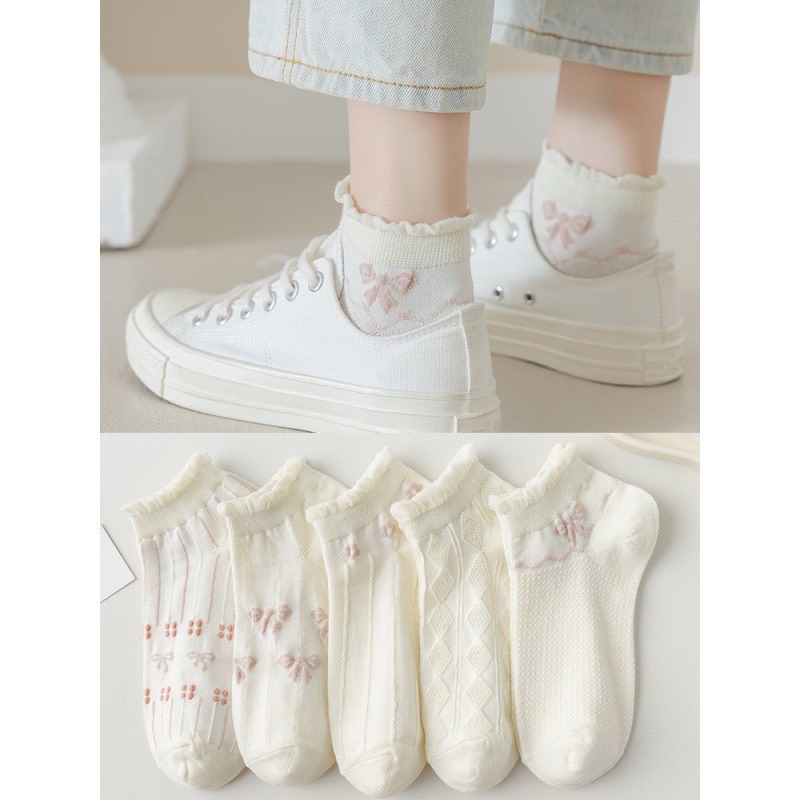 Sét 5 Tất Nữ Cổ Bèo Tone Trắng Họa Tiết Nơ Hồng Dễ Thương (5 đôi) Tn2
