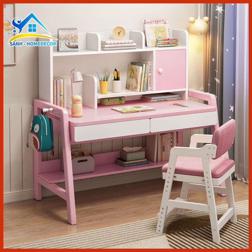 Bàn học cho bé kèm kệ sách gỗ MFC An Cường BLV143 có ngăn kéo, bàn làm việc chân gỗ/sắt cao cấp liền kệ để đồ đa năng