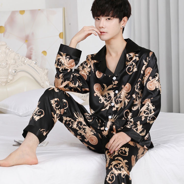 Set Đồ Ngủ Lụa Dài Tay Mỏng In Họa Tiết Giản Dị Cho Nam