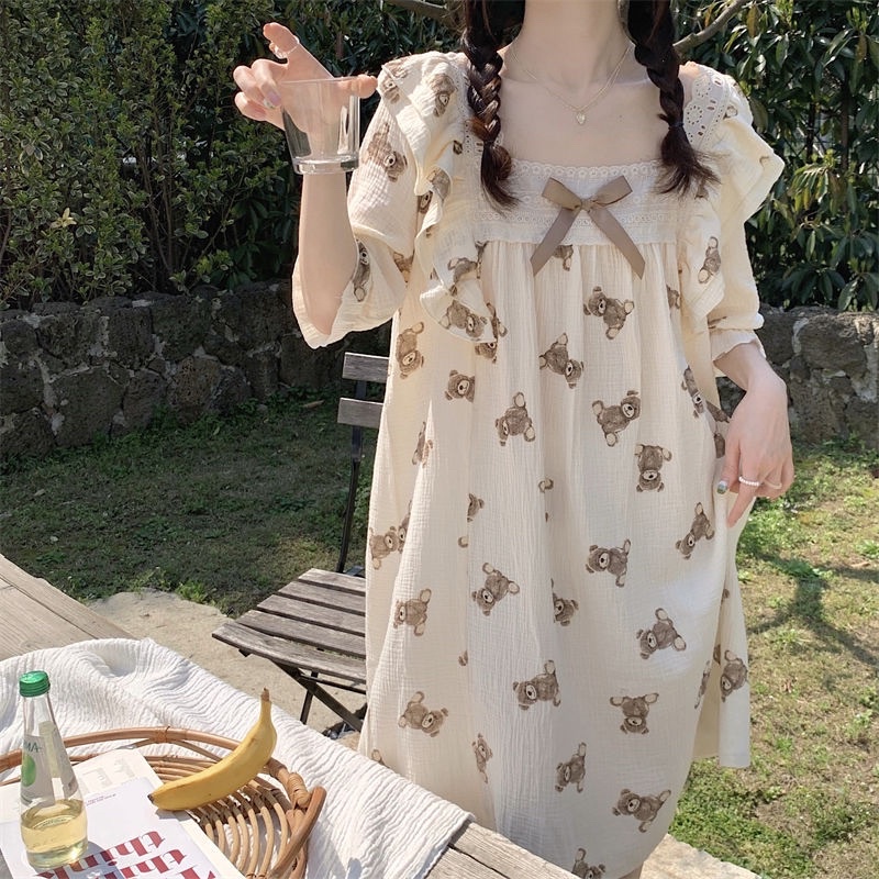 Đầm Ngủ Công Chúa Phối Ren Nơ Hoạ Tiết Gấu Nâu Siêu Dễ Thương