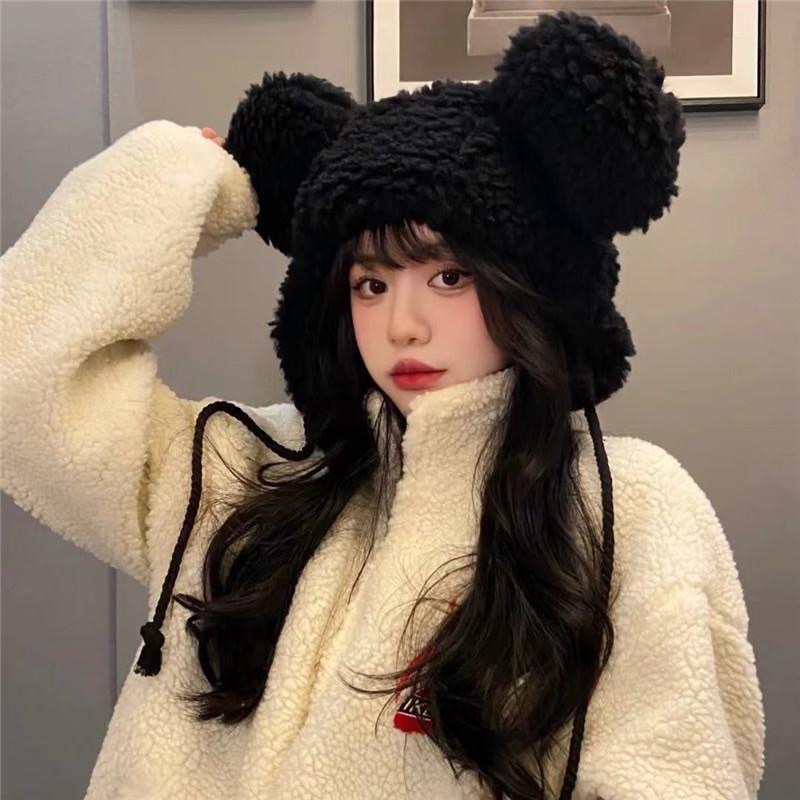 Mũ Len Lông Cừu , Mũ Len Mùa Đông Đính Tai Gấu Xinh Xắn Phong Cách Hàn Quốc Cho Nữ Doulbeh.Store
