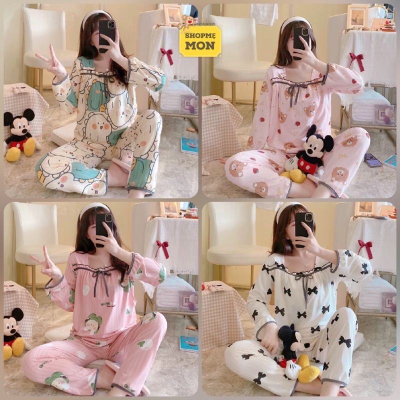 Shop Bầu Mẹ Mon - Đồ Bộ Bầu Đồ Bộ Mặc Nhà Sau Sinh Dài Tay Cho Con Bú Mẫu Cotton Nhúm Ngực Tiểu Thư