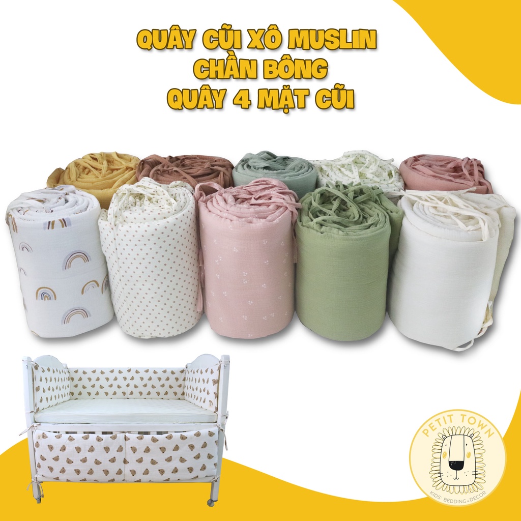 Quây cũi 4 mặt chần bông vải xô muslin Petit Town