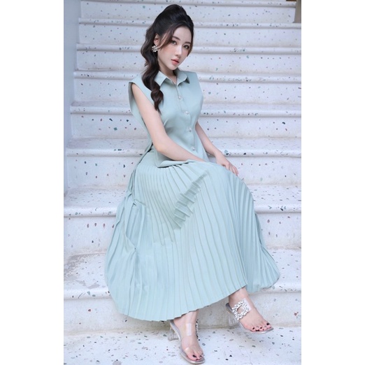 Set áo ly eo chân váy xếp ly xanh bạc hà tiểu thư