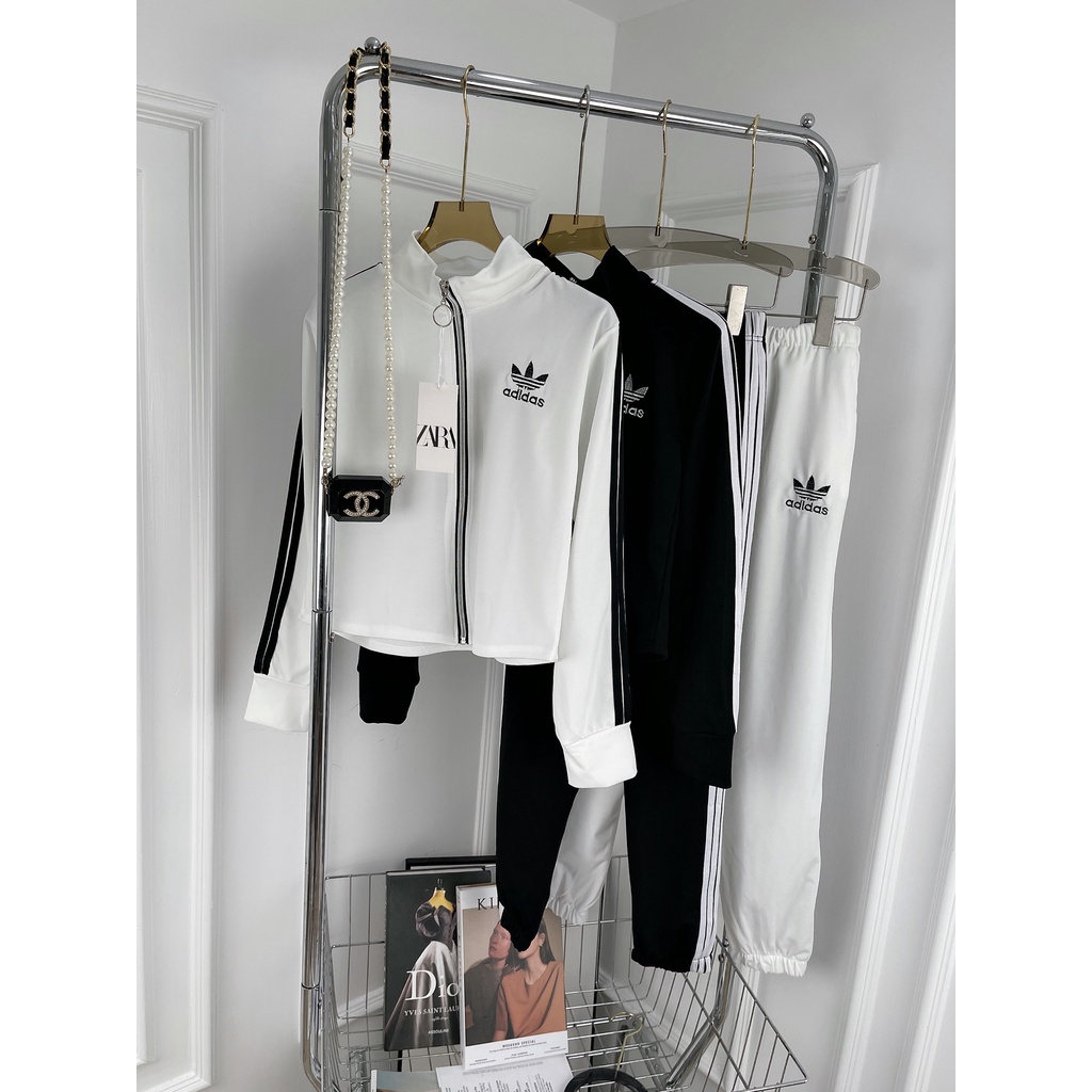 BỘ thể thao adidas nữ thu đông 3 sọc logo in, quần áo thể thao nam nữ co giãn, đồ cao cấp  màu cơ bản