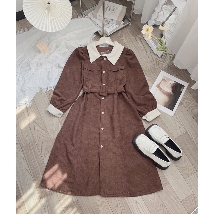 VÁY NHUNG TĂM CỔ PHA KÈM ĐAI