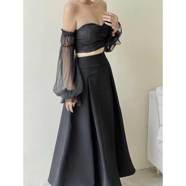 Chân váy dài Lalin- xếp ly dáng dài trắng đen