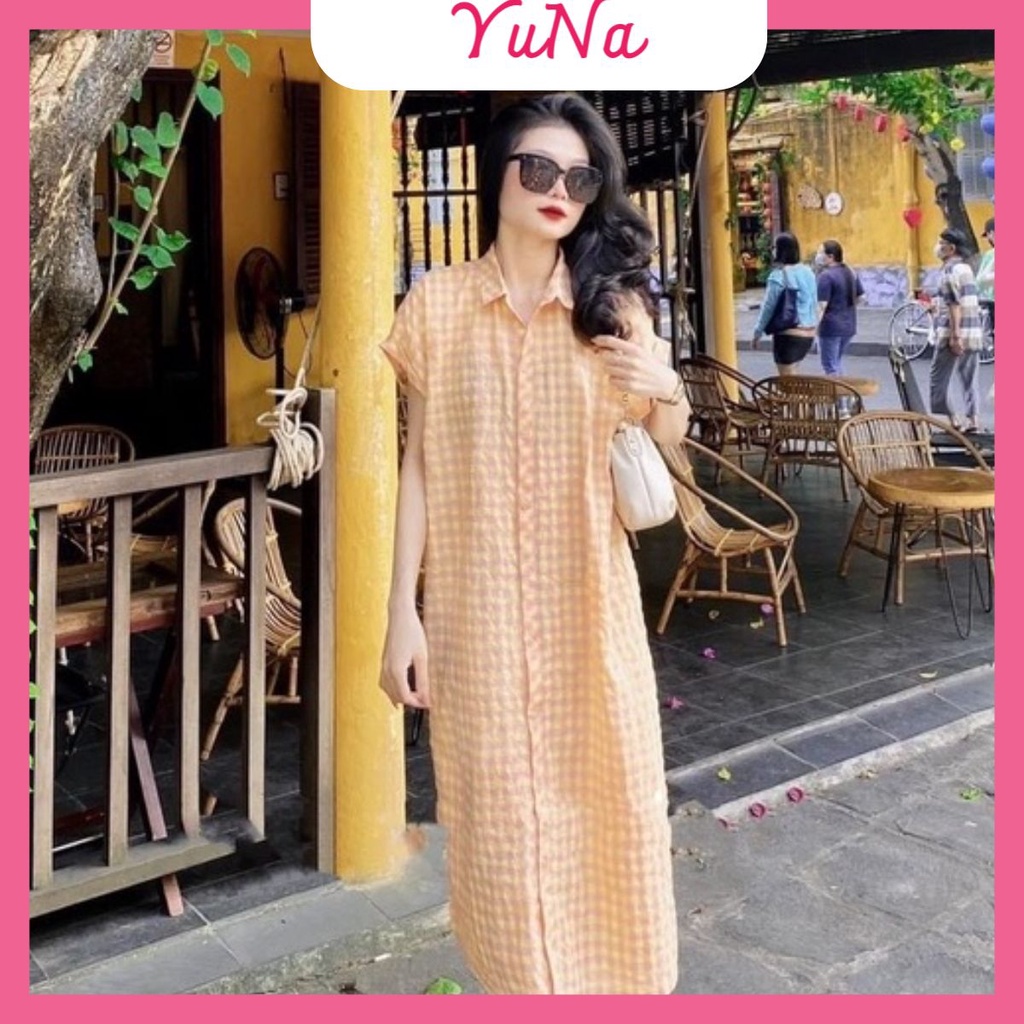 Váy đầm sơ mi YUNA kẻ caro cọc tay dáng dài cổ đức xẻ tà chất liệu thô hàn siêu thoáng mát