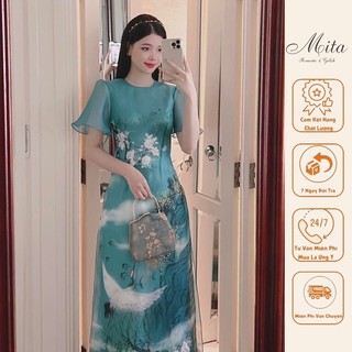 Mita boutique - áo dài cách tân organza in hoạ tiết tay lỡ viên hạc mita - miad0026
