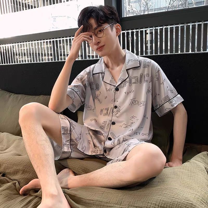 Bộ Đồ Ngủ Vải Lụa Lạnh Mỏng Tay Ngắn Phong Cách Hoạt Hình Dành Cho Nam Thanh Thiếu Niên