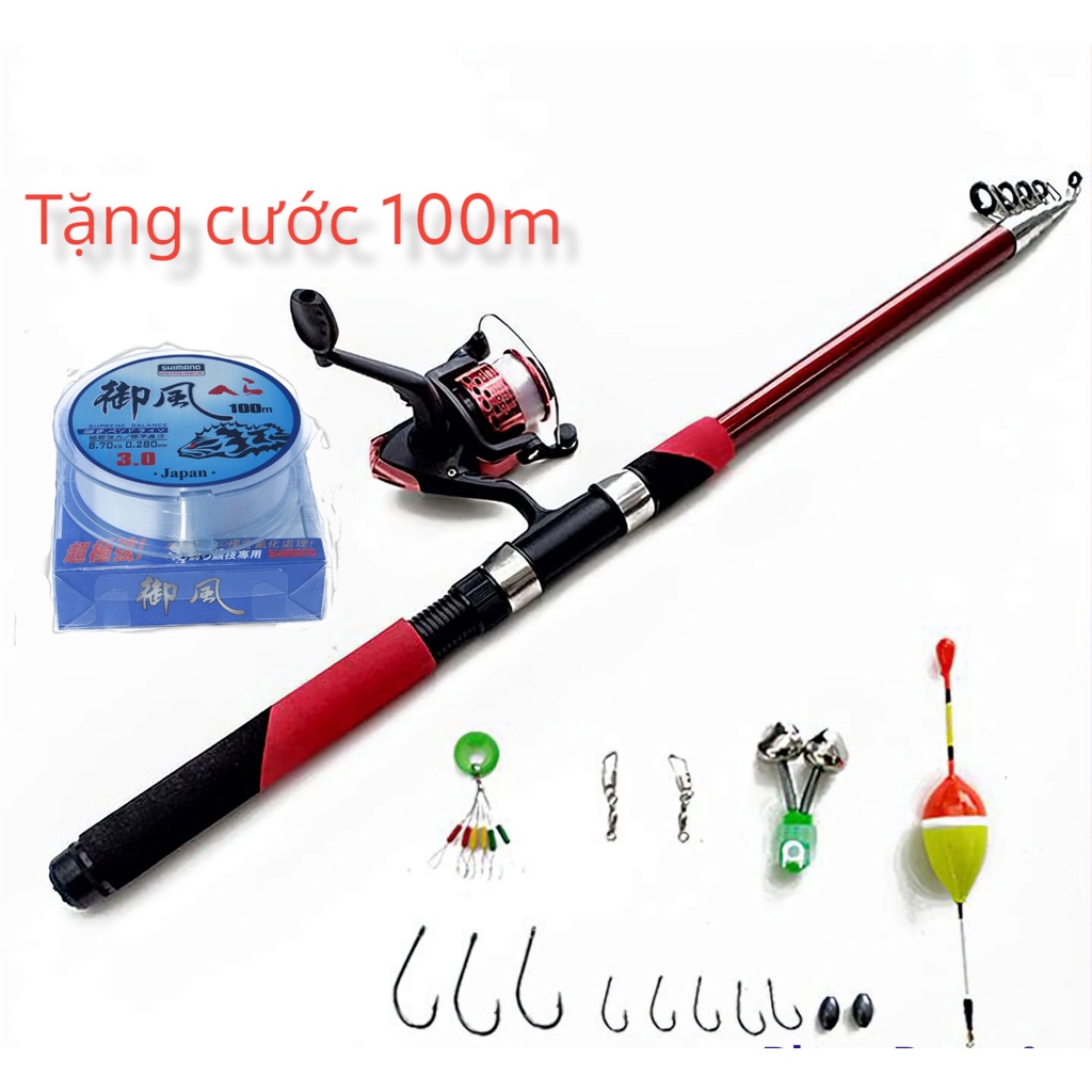 Bộ cần câu cá rút Shimano 2m1 và máy + tặng thêm 1 cuộn cước shimano 100m và bộ phụ kiện