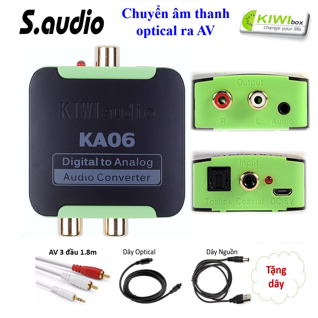Bộ Chuyển Âm thanh Quang Ra AV Kiwi KA06 + dây AV 3.5 1,8m dùng cho các TIVI đời mới - Hàng chính hãng