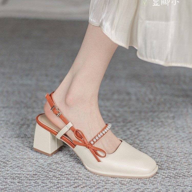 Giày Sandal Cao Gót Mũi Vuông Đính Nơ Và Ngọc Trai Thời Trang Dành Cho Nữ Có Size Lớn 35-42 / 41 / 42