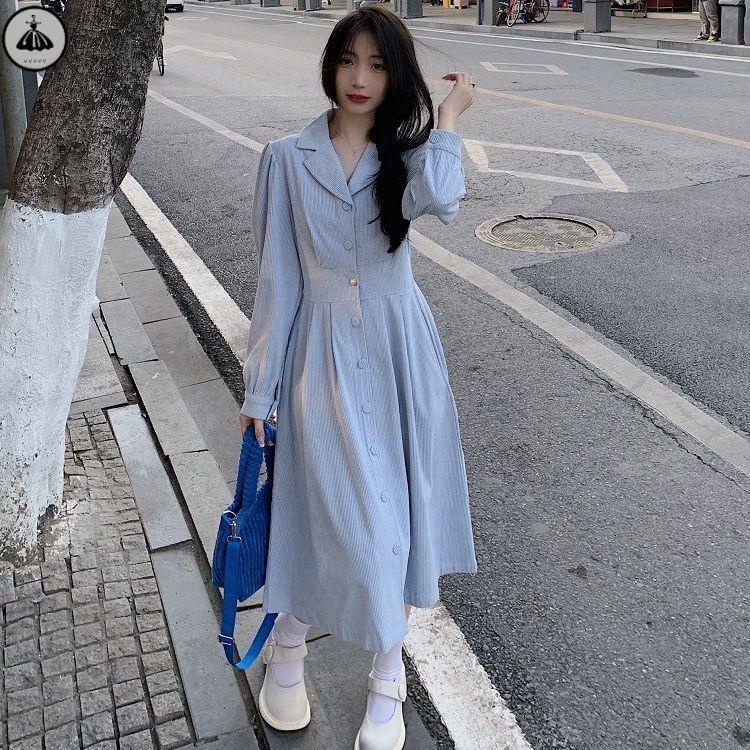 Váy babydoll Đầm Cổ Vest Ôm Eo Dáng Dài Qua Gối Phong Cách Pháp Cổ Điển Thời Trang Cho Nữ
