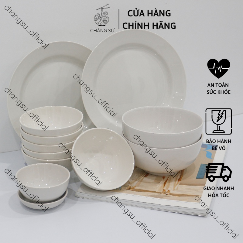 Bộ bát đĩa ăn cơm gia đình đẹp 12 món cơ bản - Set chén dĩa sứ trắng dễ thương HC B12