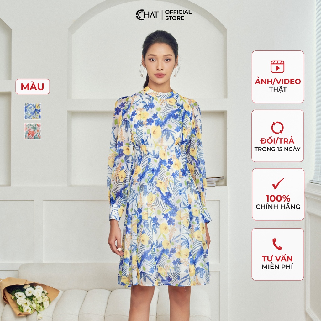 Đầm Nữ 𝐂𝐂𝐇𝐀𝐓 Kiểu Cổ Lọ Ly Bung Dáng Xòe Chất Voan Cao Cấp 12VDV5016XT