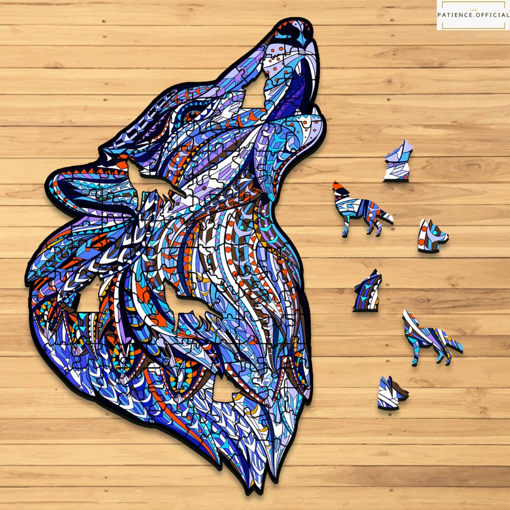 Tranh ghép hình gỗ 3D puzzle - Bộ đồ chơi xếp hình - Con sói xanh Tặng hộp đựng cao cấp - blue wolf