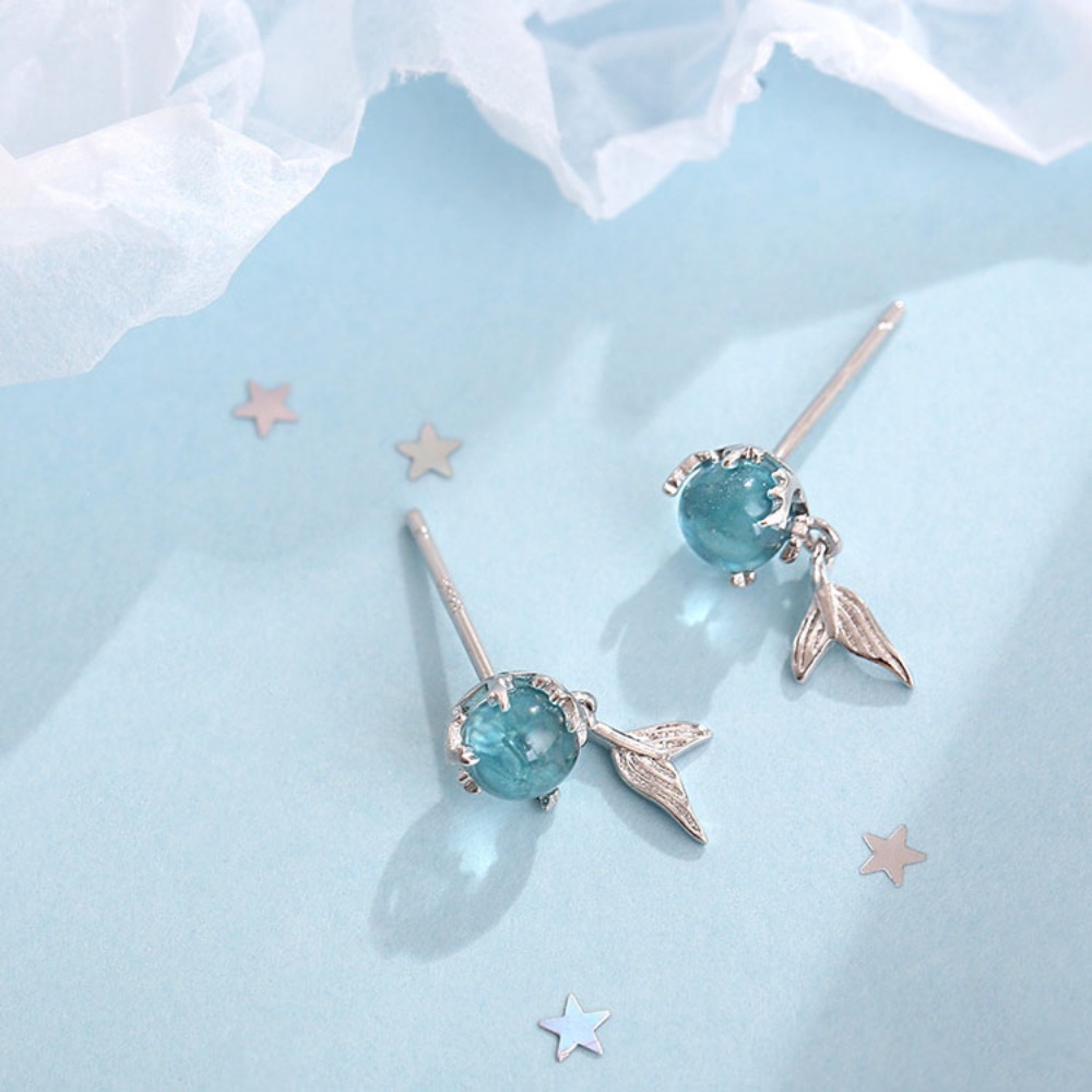 Bông Tai Mạ Bạc 925 Hình Đuôi Nàng Tiên Cá Đính Đá Zircon Xanh Dương Thanh Lịch Thời Trang Cho Nữ