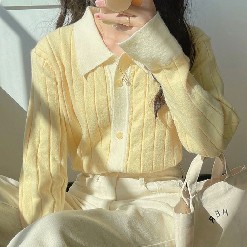 Áo Khoác cardigan Dệt Kim Tay Dài Màu Vàng Kem Thời Trang Mùa Thu Cho Phái Nữ