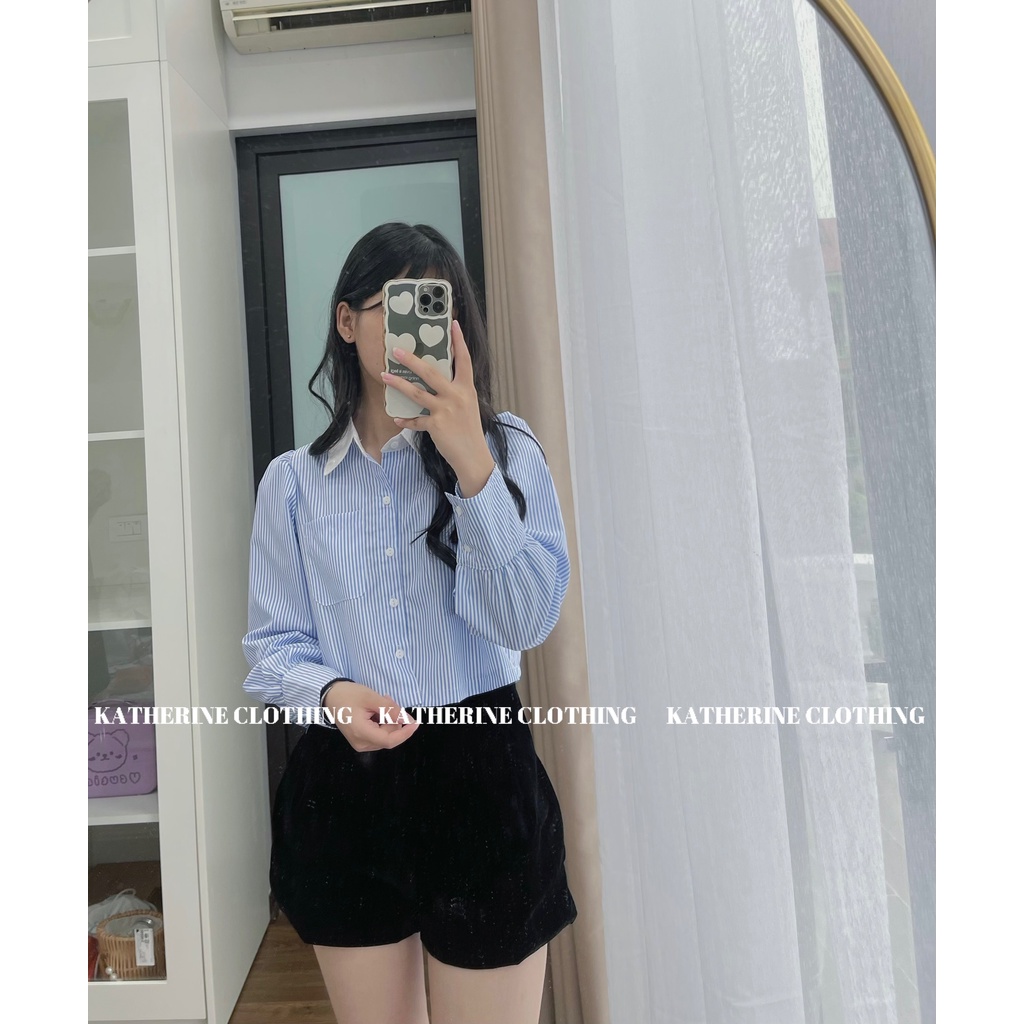 Áo sơ mi nữ kẻ xanh phối cổ trắng, áo sơ mi croptop dáng lửng phong cách trẻ trung, Hàn Quốc - Katherine Clothing