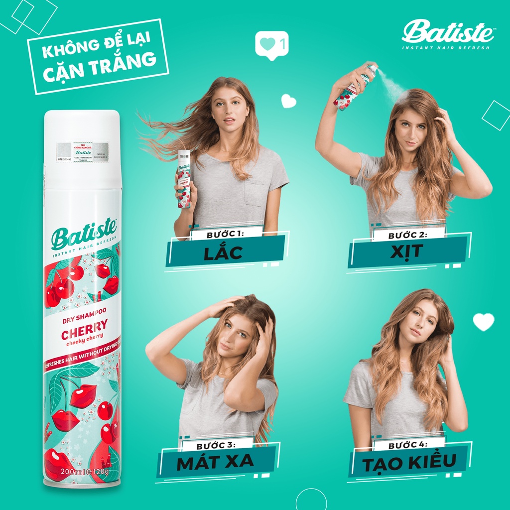 Dầu Gội Khô Hương Anh Đào - Batiste Dry Shampoo Fruity & Cheeky Cherry 200ml