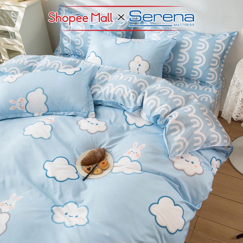 Bộ Ga Giường Cao Cấp Full 5 Món Cotton Poly SERENA MATTRESS Bộ Chăn Ra Drap Gối Đệm Nệm Trải Phủ Bọc Giường Trần Bông