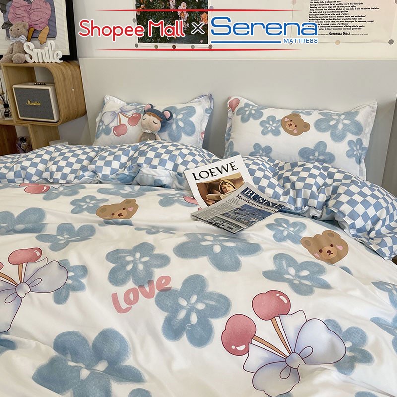 Bộ Ga Giường Chần Bông Full 5 Món Cotton Poly SERENA MATTRESS Chăn Ga Grap Ra Drap Gối Đệm Nệm Trải Phủ Giường Trần Bông