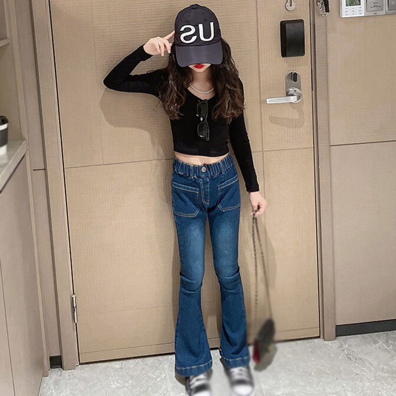 Quần Jeans Dài Ống Loe Có Túi Trước Và Sau Lưng Phong Cách Hàn Quốc Cho Nữ