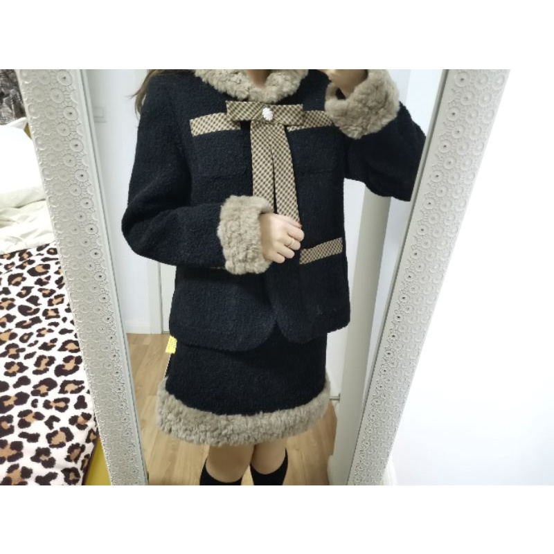 ẢNH THẬT Set Áo Khoác Chân Váy Dạ Đen Viền Bông