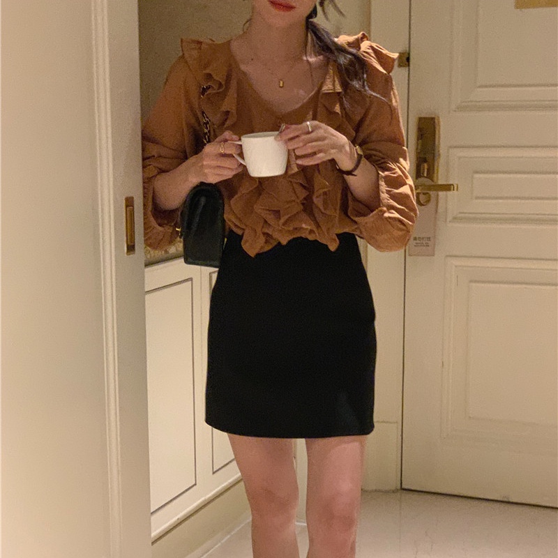 SUXI Áo Sơ Mi Tay Dài Cổ Chữ V Màu Trơn Thời Trang Hàn Quốc