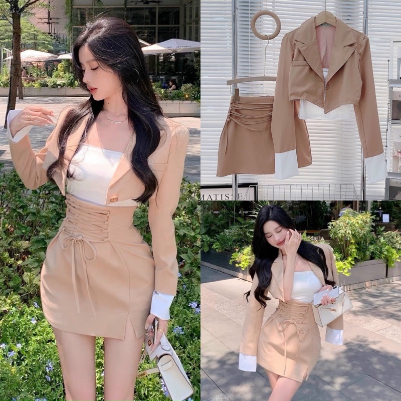 Set 3 món vest croptop tay dài + áo trắng kiểu hai dây + chân váy ngắn đan eo thanh lịch sang trọng hot girl đi dự tiệc