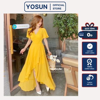 [ẢNH THẬT CUỐI] Đầm Nữ Dự Tiệc Cổ V Tay Bèo Tùng Viền Bèo Sang Chảnh, Váy Thiết Kế Dáng Xòe Dài Kiêu Sa 2 Màu Trắng Vàng
