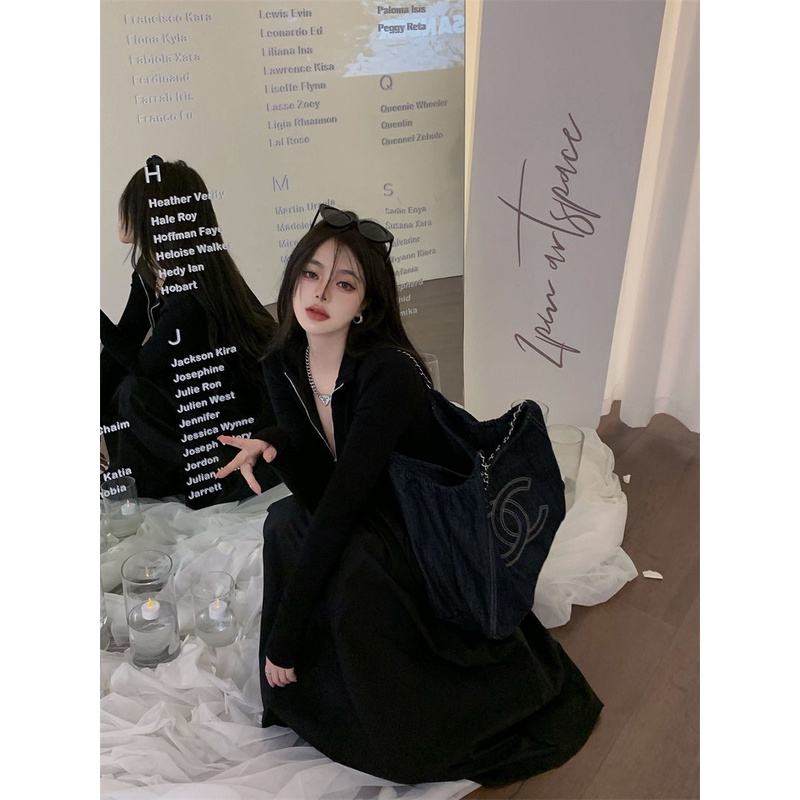 Đầm Midi Tay Dài Màu Đen Phong Cách Pháp Thời Trang Mùa Thu Cho Nữ