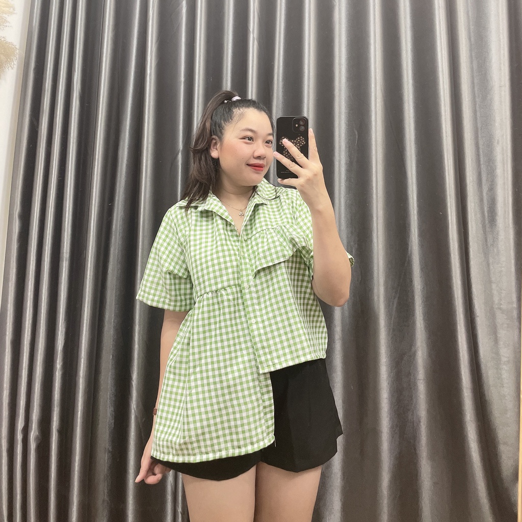 Bigsize(58kg đến 100kg)Set Bộ Áo Sơ Mi Kiểu Lệch Tà Quần Short Ống Rộng Lưng Cao Hình Thật Tự Chụp MÃ SET2
