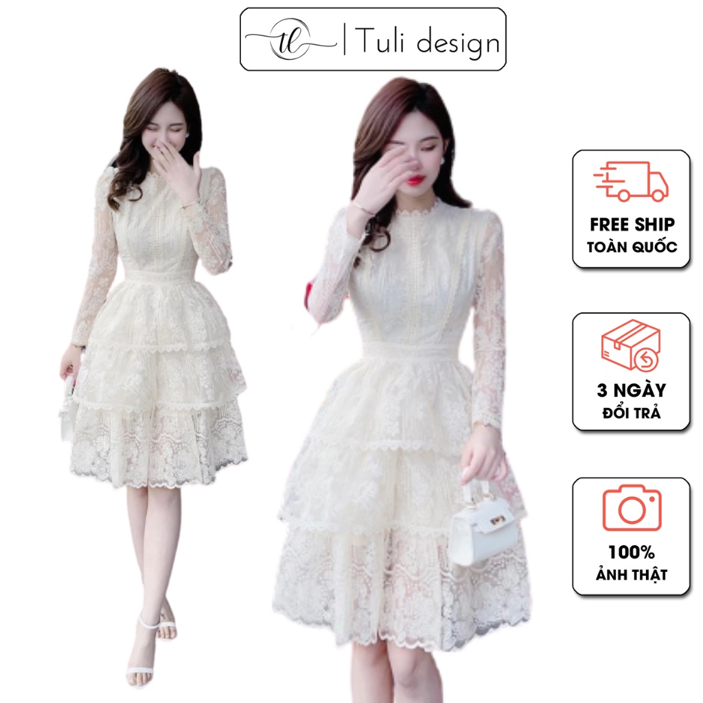 Váy thiết kế dự tiệc ren trắng tay dài cổ tròn xòe 3 tầng V412 - Tuli design