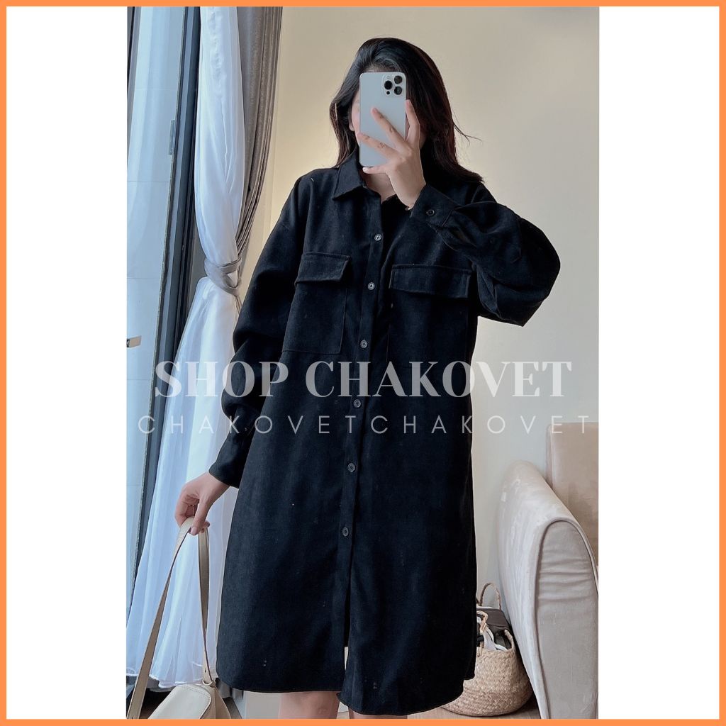 Váy sơ mi nhung tăm dài tay Vintage V8458 Đầm suông dáng Midi có túi 2 bên thời trang học sinh công sở Thu Đông