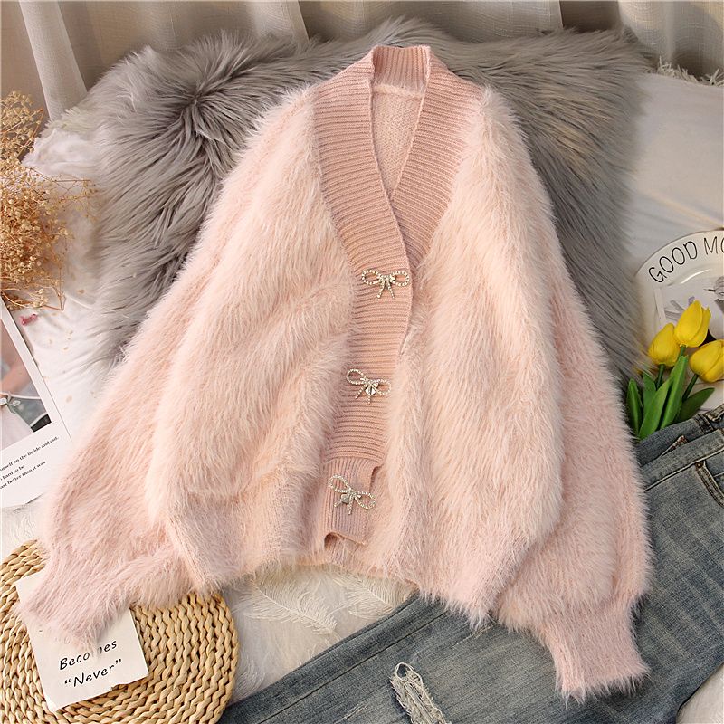Áo Khoác Cardigan Lông Cừu Dày Dặn Cổ Chữ V Dáng Rộng Thiết Kế Mới Thời Trang Mùa Xuân Dành Cho Nữ