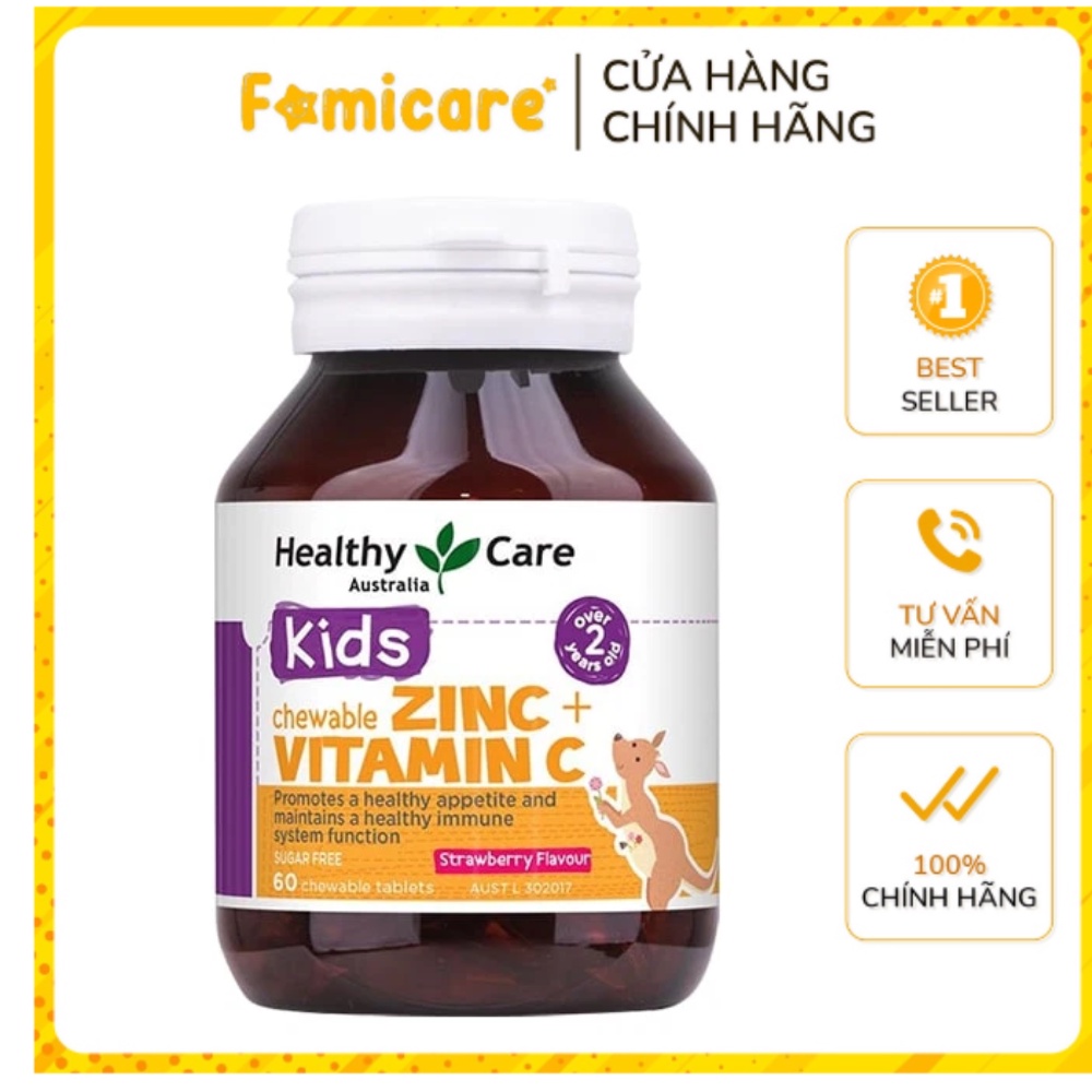Viên Nhai Hỗ Trợ Bổ Sung Kẽm Zinc + Vitamin C Cho Bé Healthy Care,Date 2024, Lọ 60 Viên