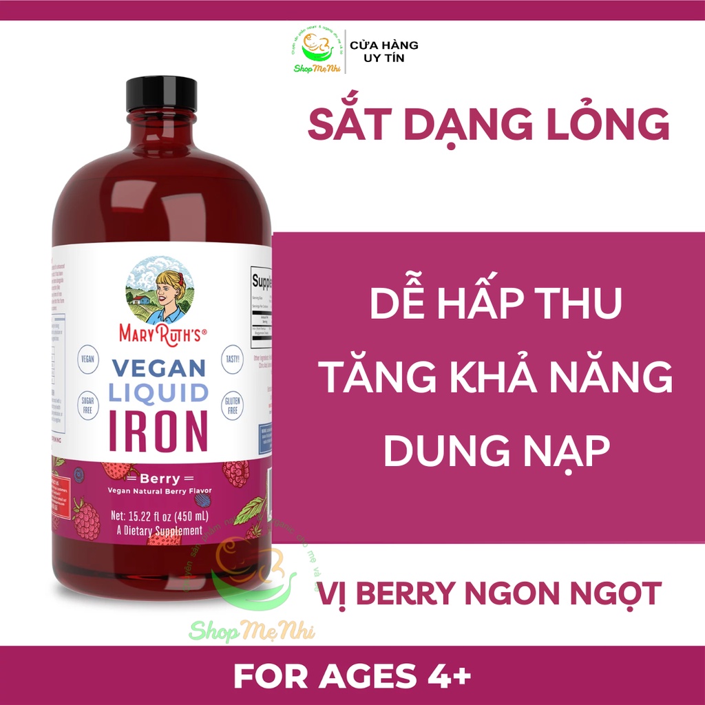 Sắt hữu cơ thuần chay dạng nước Mary Ruth’s Liquid Iron Supplement cho gia đình 450ml.