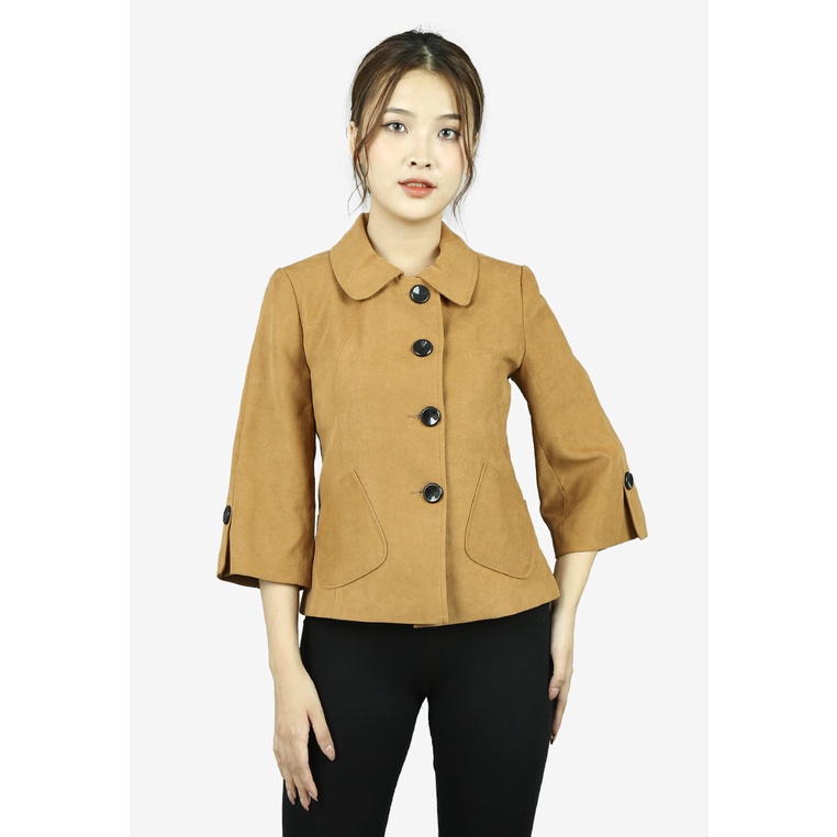 Áo khoác dạ dáng ngắn 2 lớp tay lỡ nhung vàng bò hai túi ốp chéo The One Fashion AVB0751VBO1
