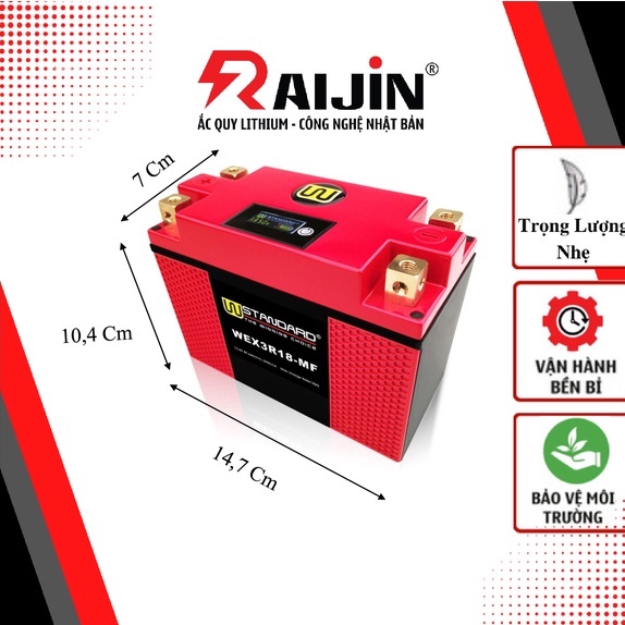 Bình ắc quy xe máy lithium WEX3R18-MF điện áp 12,8V 390CCA nhập khẩu USA dành cho xe mô tô dung tích xi-lanh lớn.