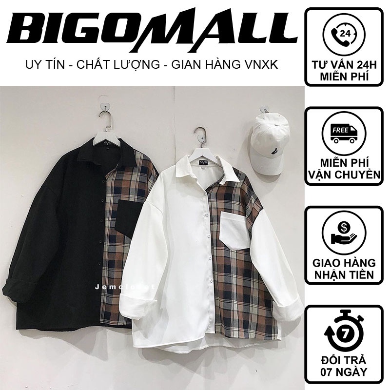 Áo Sơ Mi Phối Kẻ Nâu Caro Form rộng Dài Tay Siêu Đẹp BIGOMALL - Áo Sơ Mi Nam Nữ Unisex Basic Đi Học Đi Chơi