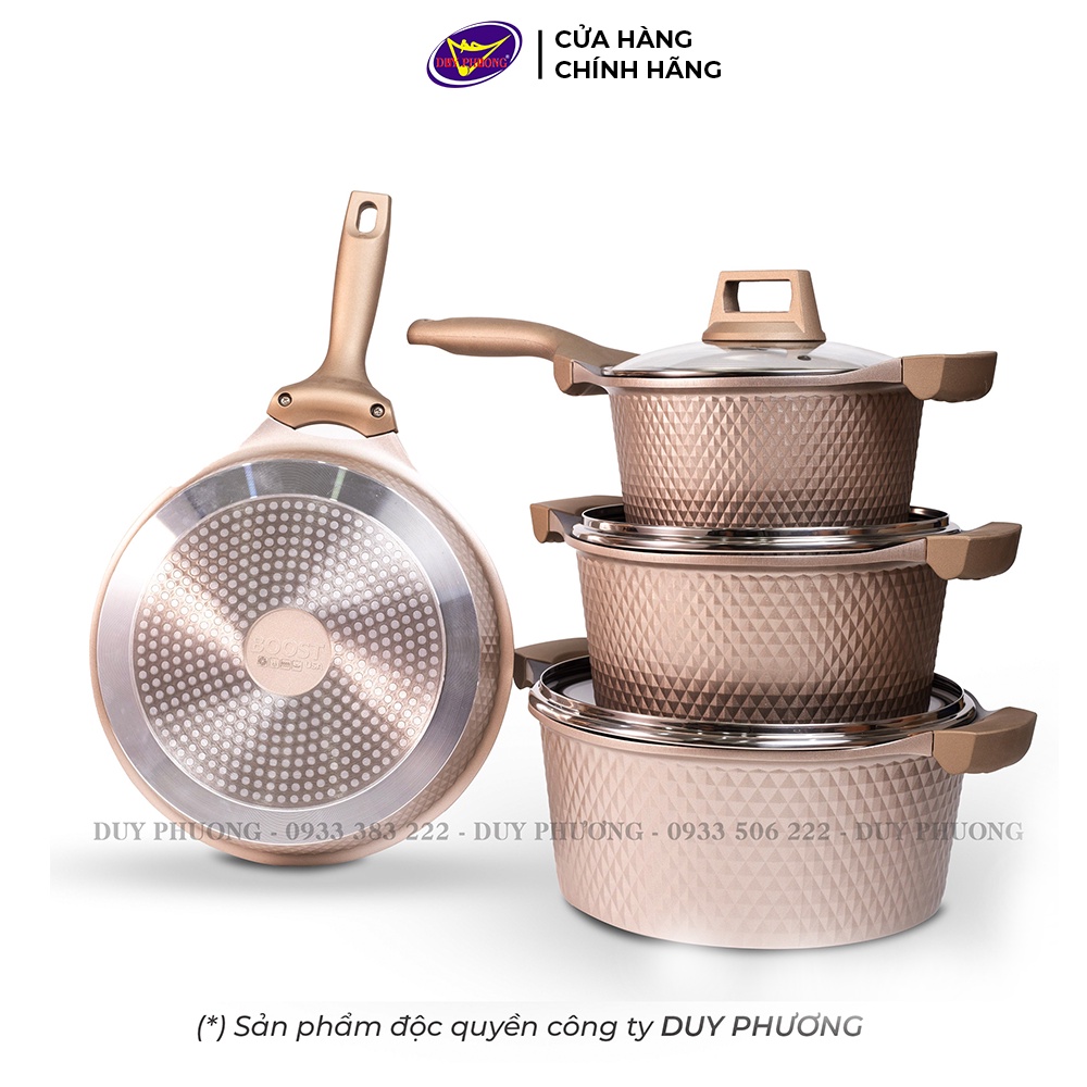 Bộ nồi chống dính NHẬP KHẨU MỸ, Hợp kim ĐÚC NGUYÊN KHỐI 5 lớp (8kg), NẤU được TẤT CẢ bếp - CÓ CHẢO